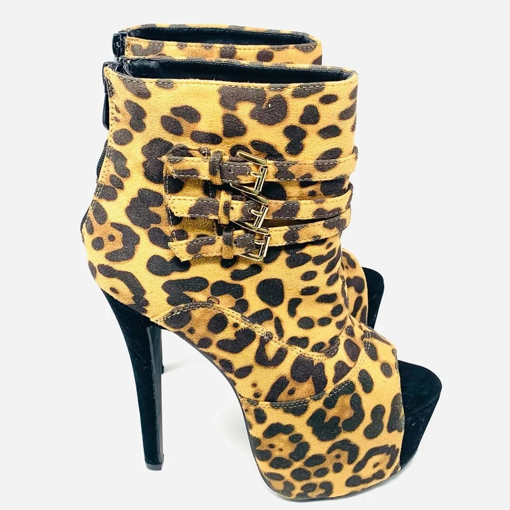 Generation Y Leopard Print Platform Heels Ankle Booties Stiletto Buckle Statemen